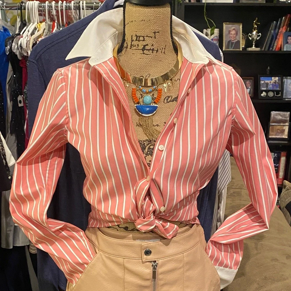 Stylish Pink and White Striped Women’s Dress Shirt - Picture 1 of 8